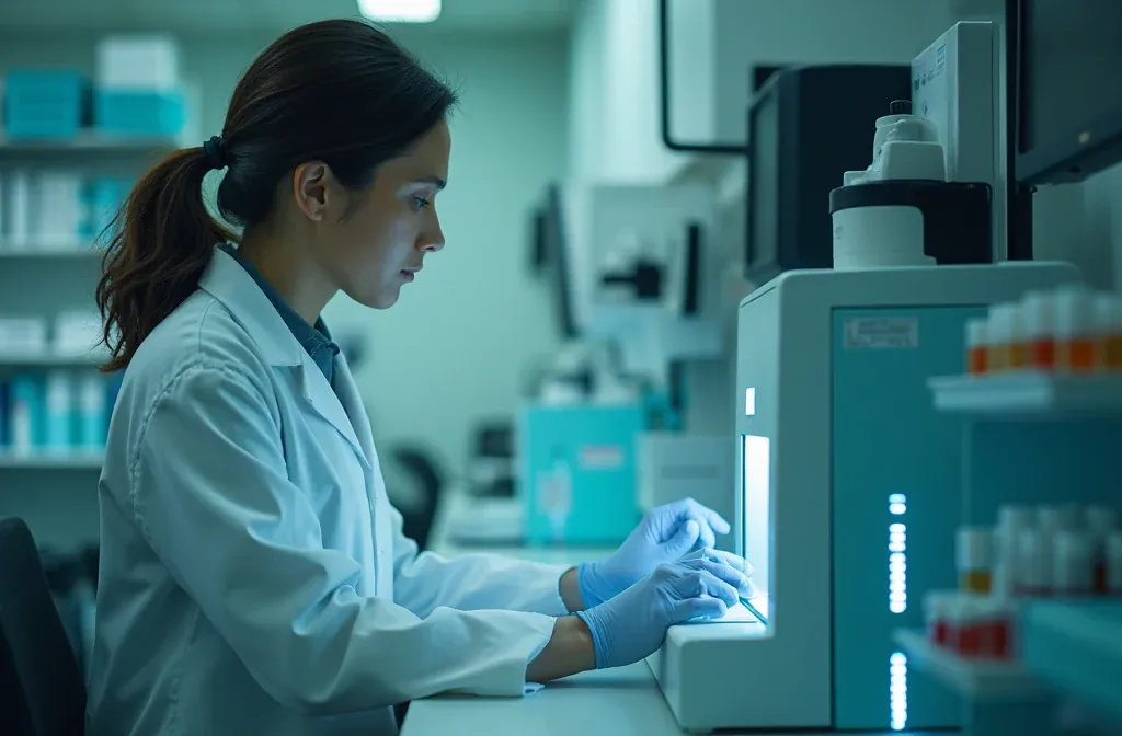 Bioquímica operando analisador automatizado na bancada do laboratório