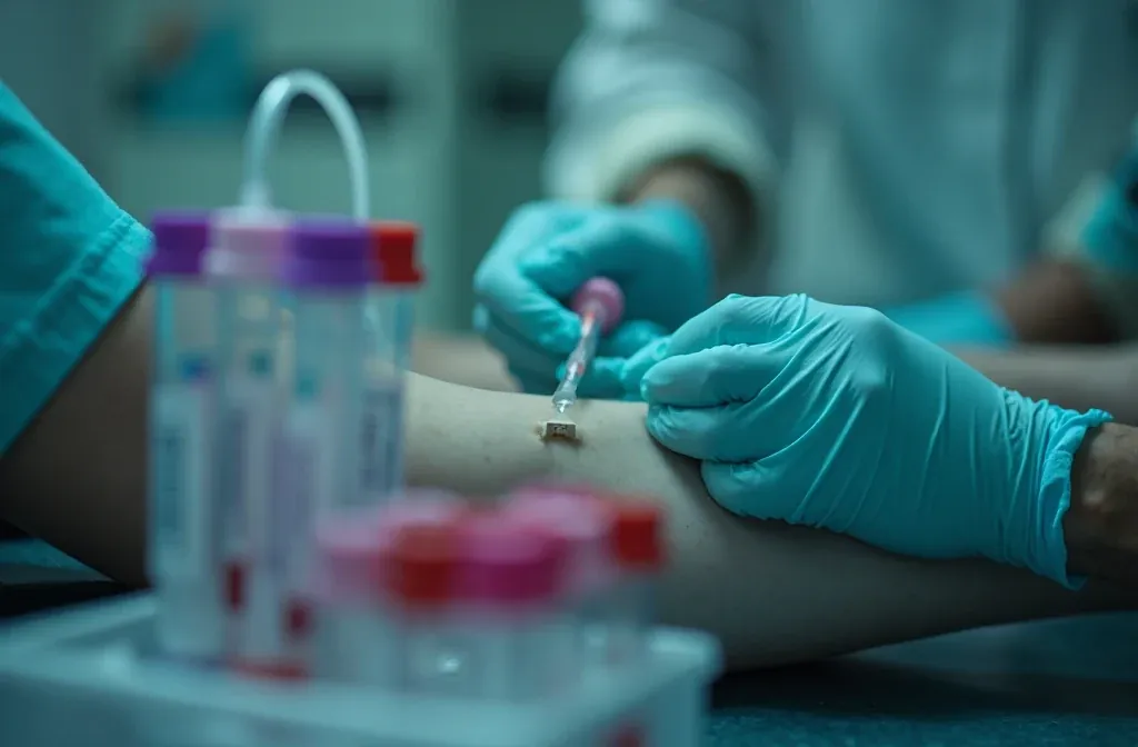 Coleta de sangue com tubos de tampa colorida em primeiro plano