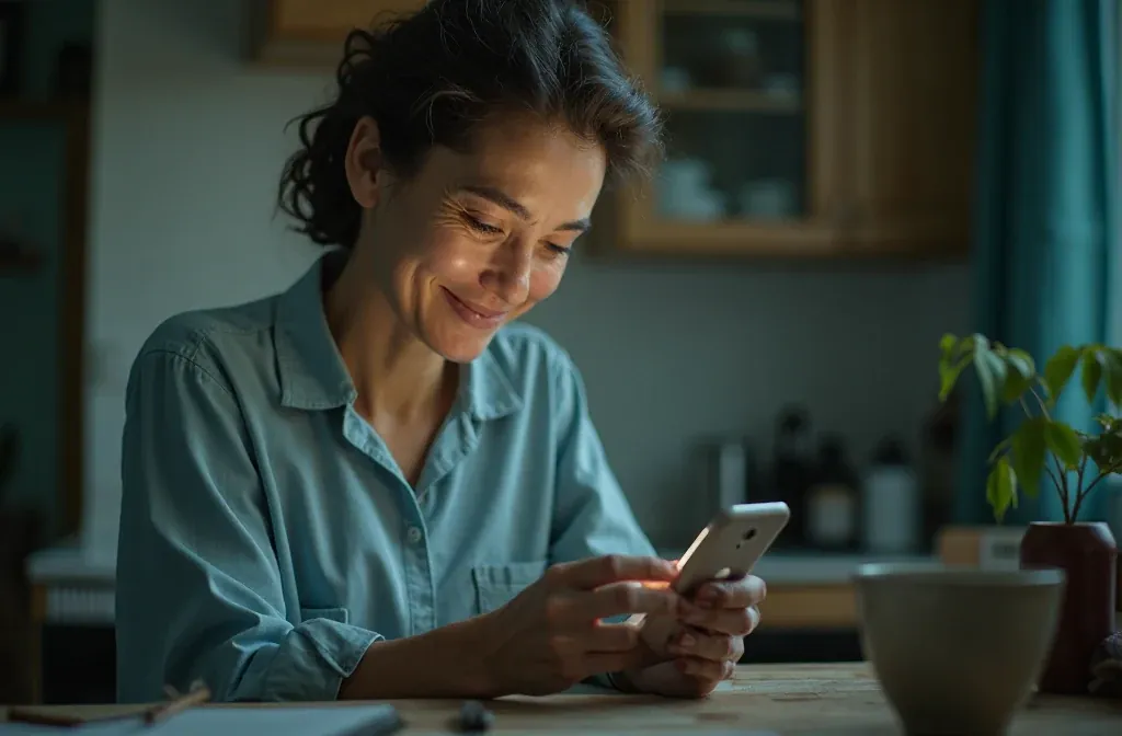 Paciente vendo o resultado do exame no celular, em casa